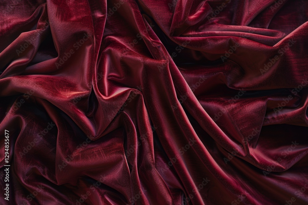 Fototapeta premium A close-up shot of rich red velvet fabric draped in soft folds, Soft, velvety folds of drapery in deep red tones