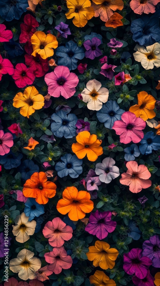 A dense patch of petunias bursts into bloom, displaying vibrant hues of purple, pink, yellow, and orange. This floral arrangement creates a striking visual harmony in the garden A dense patch of petunias bursts into bloom, displaying vibrant hues of purple, pink, yellow, and orange. This floral arrangement creates a striking visual harmony in the garden