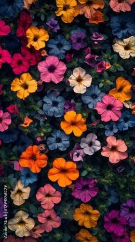 Wallpaper Mural A dense patch of petunias bursts into bloom, displaying vibrant hues of purple, pink, yellow, and orange. This floral arrangement creates a striking visual harmony in the garden Torontodigital.ca