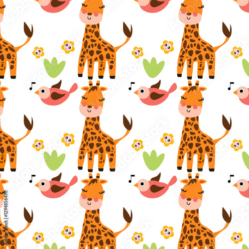 Pattern con graziose giraffe e uccellini