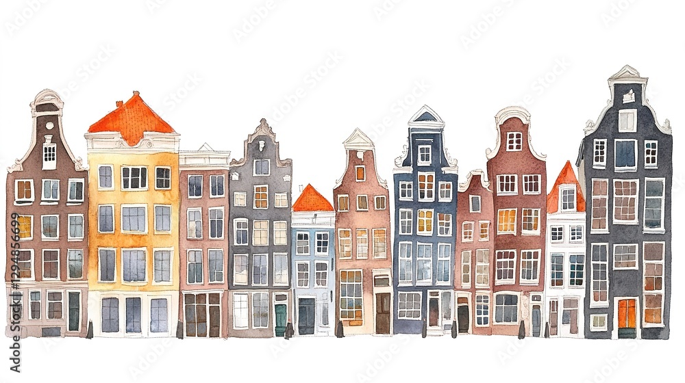 Naklejka premium Houses in Amsterdam, watercolor on white