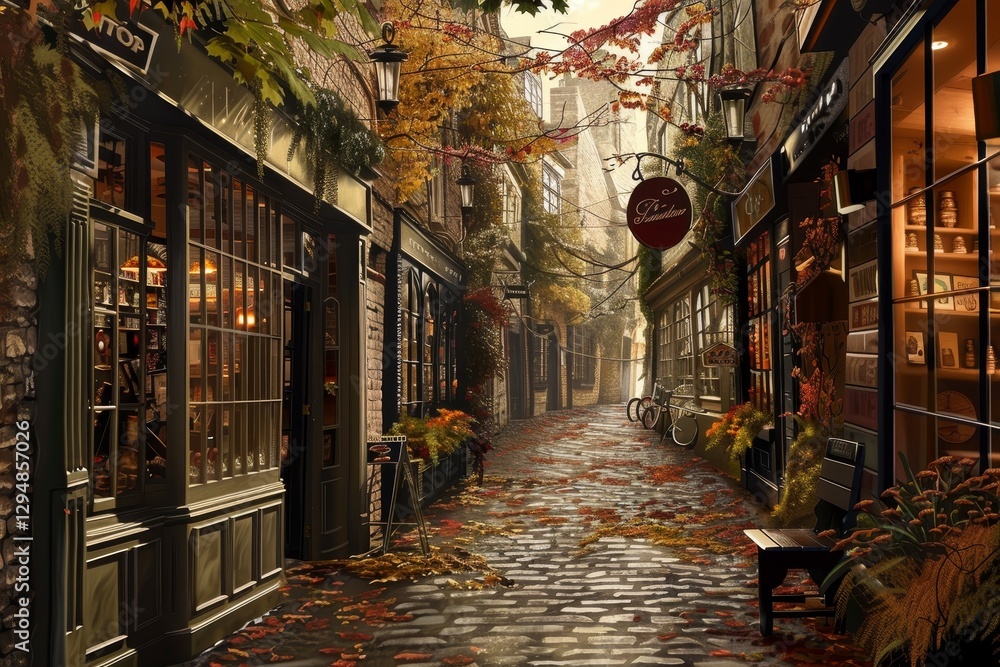 Fototapeta premium A narrow alleyway lined with charming shops, illuminated by soft sunlight and autumn foliage, Draw a cozy, cobblestone alleyway lined with quaint shops and cafes