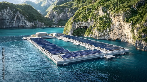 Floating solar panels in tranquil bay surrounded by lush cliffs, generating clean sustainable energy