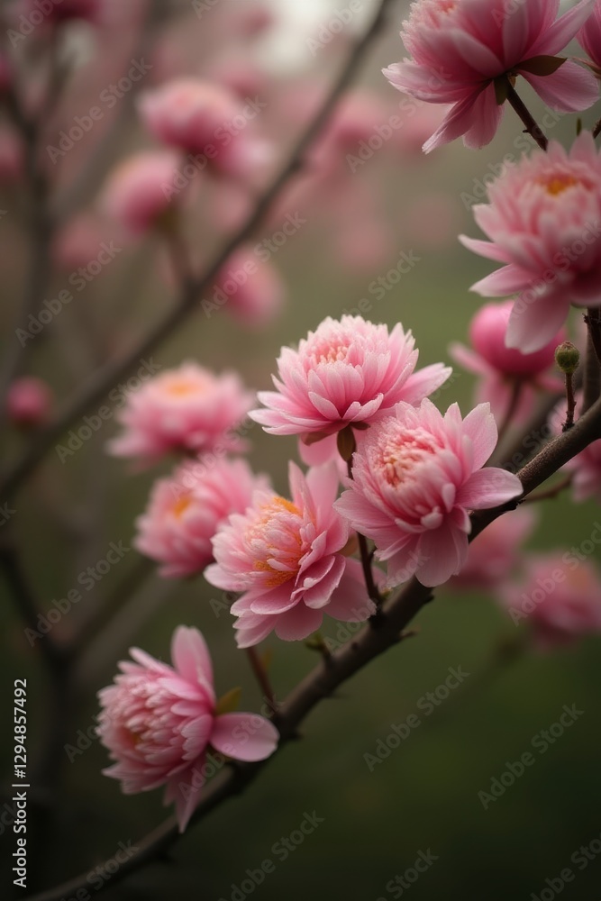 Obraz premium Soft petals of pink peony flowers on tree branches, spring, foliage, nature