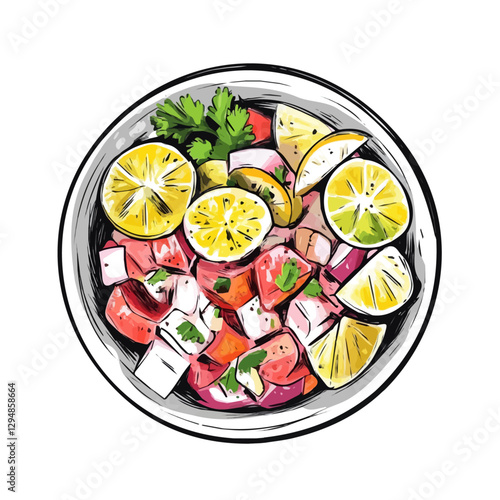 Ceviche minimalist 2D vector graphic illustration sketch on a white background.

