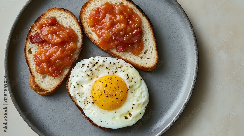 Delicious Sunny Side Up Egg with Tomato Bruschetta Toast Breakfast Delicious Sunny Side Up Egg with Tomato Bruschetta Toast Breakfast