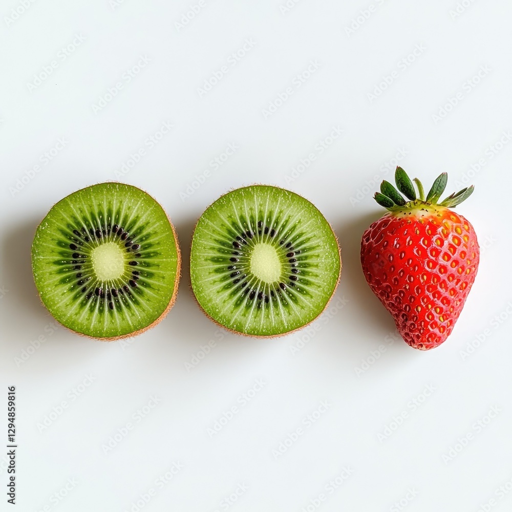 Two kiwi halves, strawberry, white background, food photography Two kiwi halves, strawberry, white background, food photography