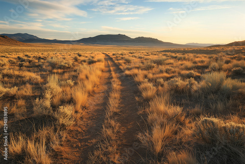 Stunning desert plateau showcasing dry earth, resilient sagebrush, and a rugged trail boldly leading onward