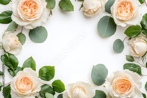 Elegant Peach Roses and Eucalyptus Frame White Background