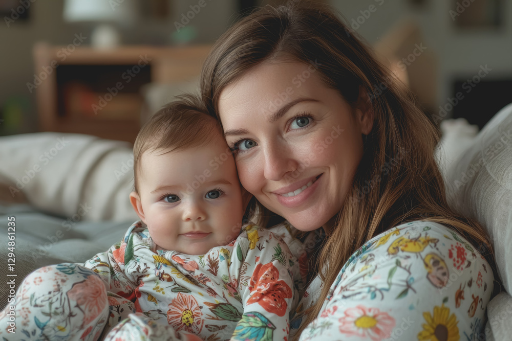 Woman sitting with a baby on her lap in a cozy indoor environment enjoying quality time together Woman sitting with a baby on her lap in a cozy indoor environment enjoying quality time together
