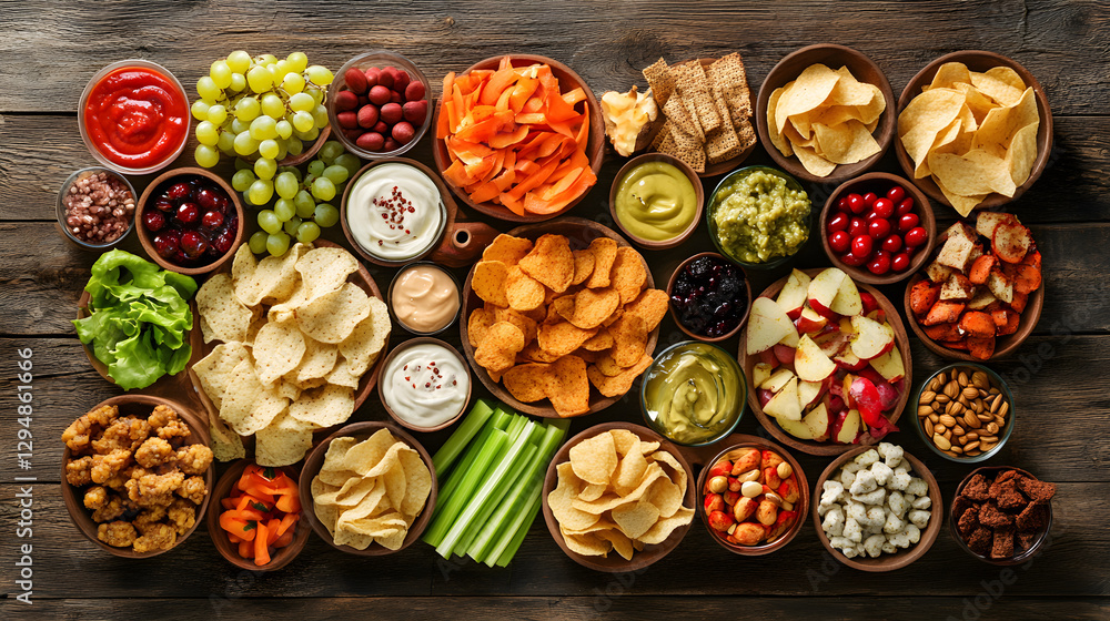 Fototapeta premium A delectable assortment of snacks including chips, veggies, fruits, and dipping sauces on a rustic table