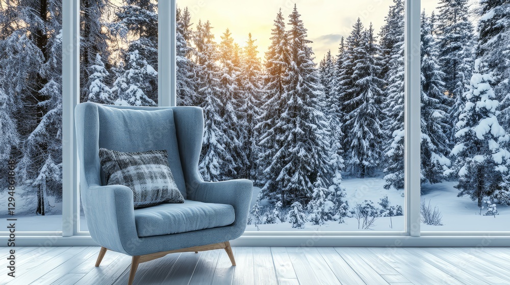 Fototapeta premium Winter Chalet Interior with Cozy Armchair Overlooking Snowy Forest Scenery
