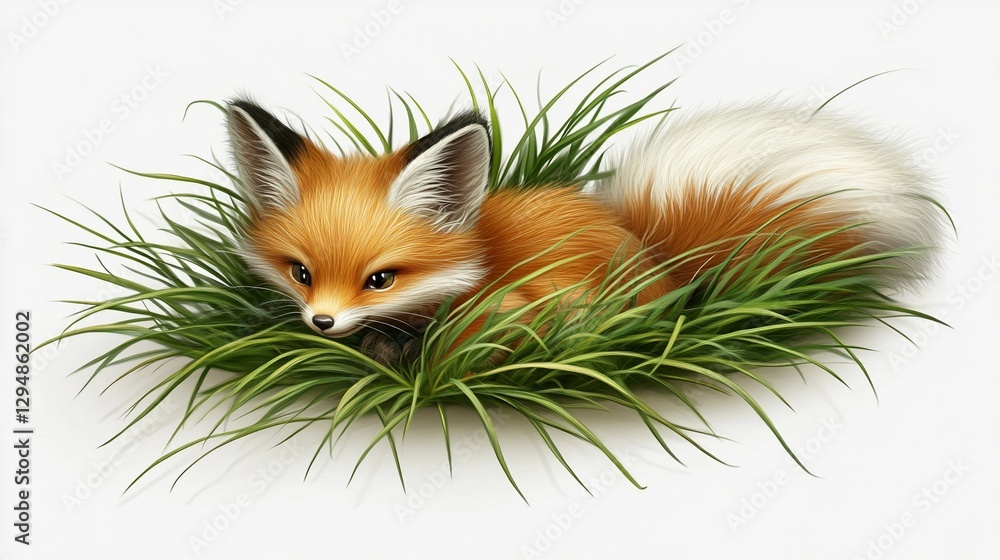 Obraz premium Cute fox kit in green grass, white background, nature illustration, children's book