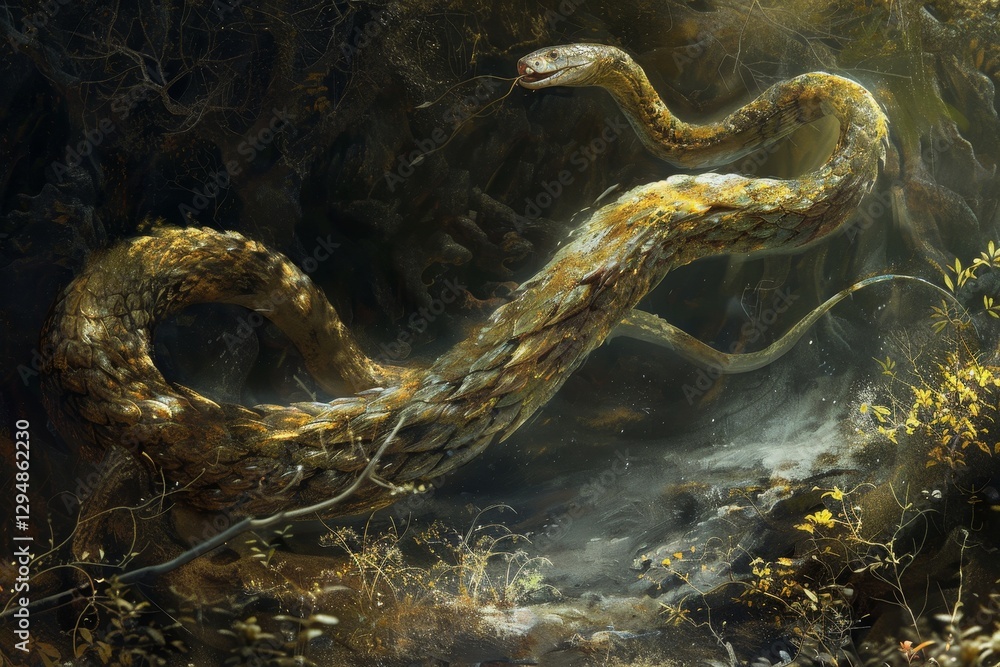 Fototapeta premium A long, golden snake slithers through a woodland stream, its scales shimmering in the sunlight, A long and winding creature that moves with a fluidity that is both graceful and powerful
