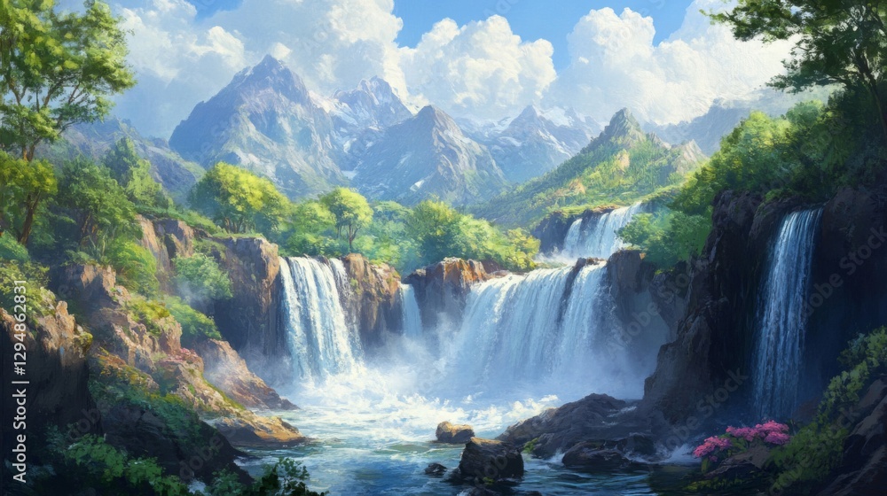 Fototapeta premium Serene Waterfall Landscape with Lush Greenery and Majestic Mountains