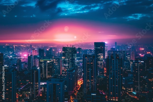 Wallpaper Mural An aerial view of a city at night, with glowing lights illuminating towering skyscrapers against a pink and blue sky, Vibrant city lights illuminating skyscrapers against a colorful sunset background Torontodigital.ca