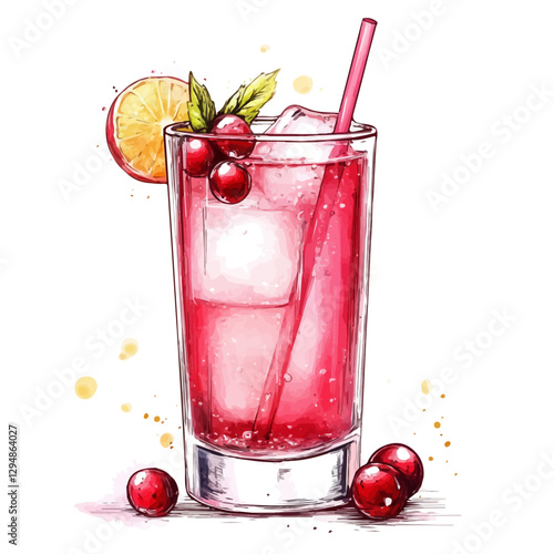 Cranberry spritzer minimalist 2D vector graphic illustration sketch on a white background.

