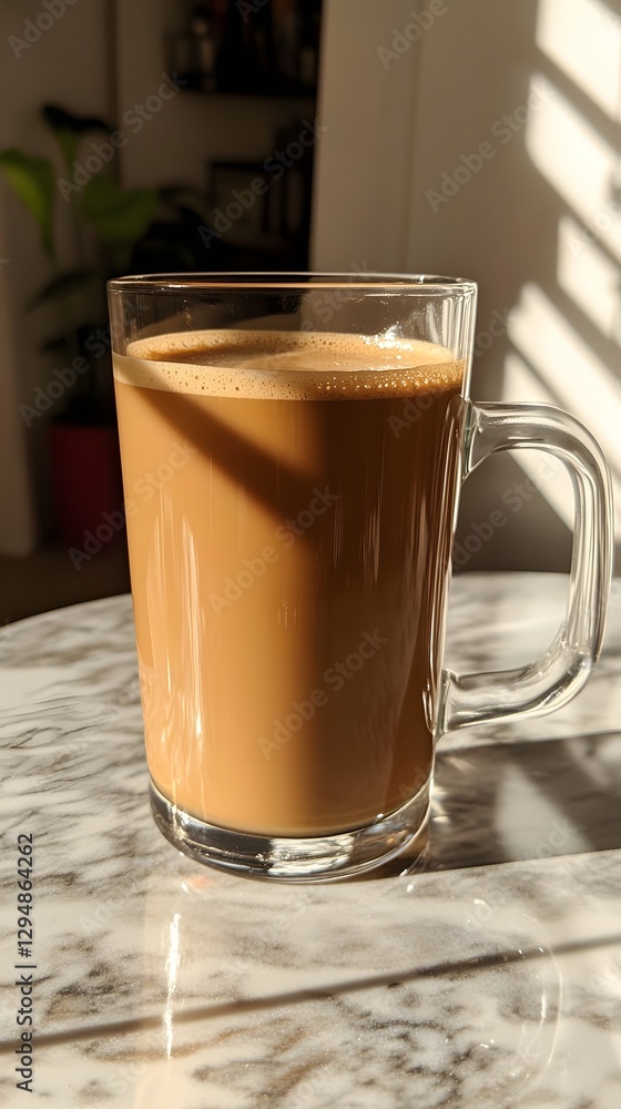 Sunlit Latte in Glass Mug on Marble Table Sunlit Latte in Glass Mug on Marble Table