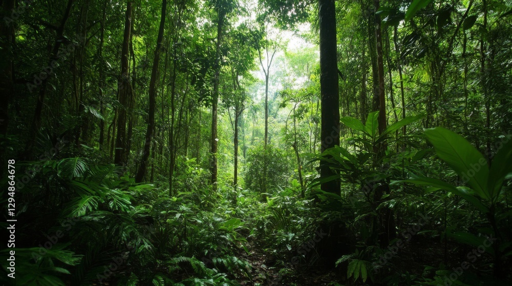 Lush Green Rainforest Canopy With Sunlight Path Lush Green Rainforest Canopy With Sunlight Path