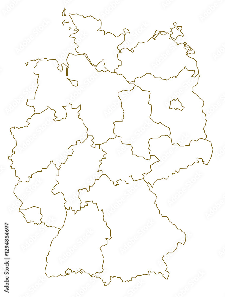 Yellow Outline Germany Map with District Borders Europe Country