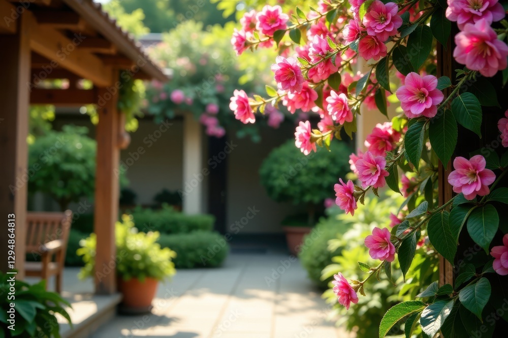 Fototapeta premium A string of tiny pink blooms cascades down a wooden trellis in a sunlit courtyard, wooden, garden, trellis