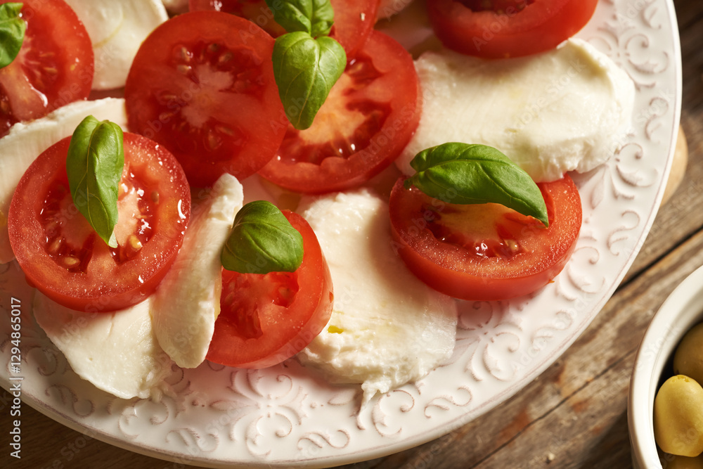 Fresh tomatoes, mozzarella cheese and basil in an Italian Caprese salad, closeup Fresh tomatoes, mozzarella cheese and basil in an Italian Caprese salad, closeup