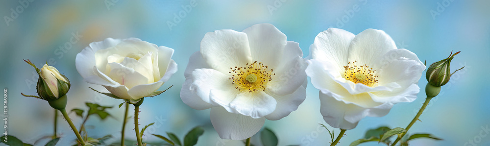 Three white roses with delicate petals and buds against a soft blue background. Three white roses with delicate petals and buds against a soft blue background.