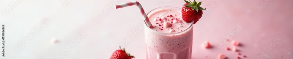 Creamy strawberry milkshake with a straw on a clean white surface, milkshake, refreshment