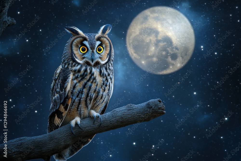 Majestic owl perched on a branch under a full moon in a starry night sky Majestic owl perched on a branch under a full moon in a starry night sky