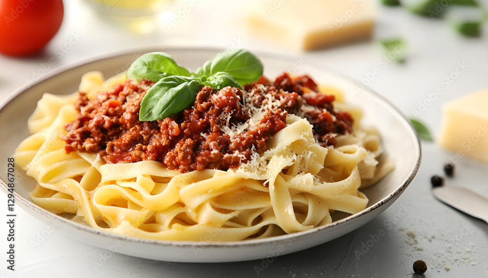 Tasty pasta bolognese with basil on white table, closeup Tasty pasta bolognese with basil on white table, closeup