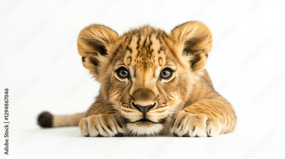 Obraz premium Young lion cub resting and looking playfully at the camera in a bright and minimalistic setting