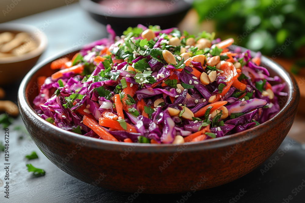 Crisp Asian Slaw Combining Fresh Cabbage, Carrots, and Peanuts with Zesty Sesame Dressing for Texture Crisp Asian Slaw Combining Fresh Cabbage, Carrots, and Peanuts with Zesty Sesame Dressing for Texture
