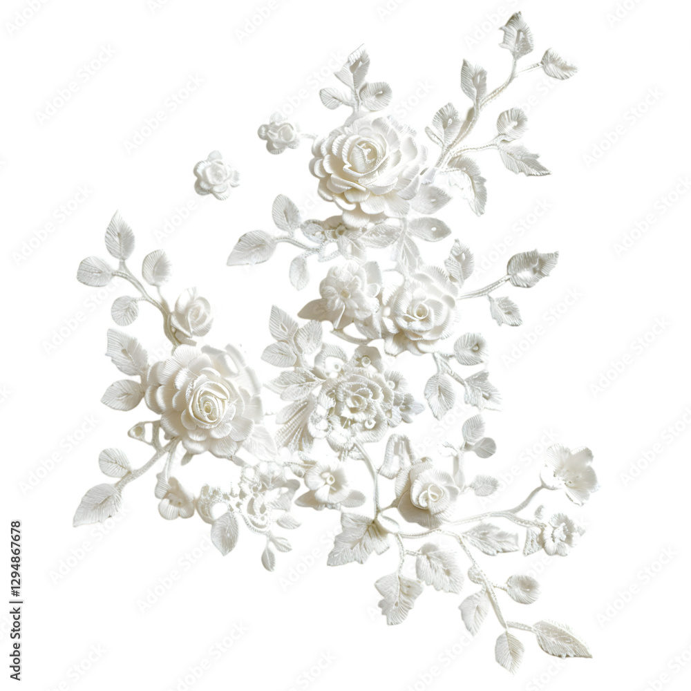 Intricate white lace pattern featuring detailed floral elements crafted with precision and elegance Intricate white lace pattern featuring detailed floral elements crafted with precision and elegance