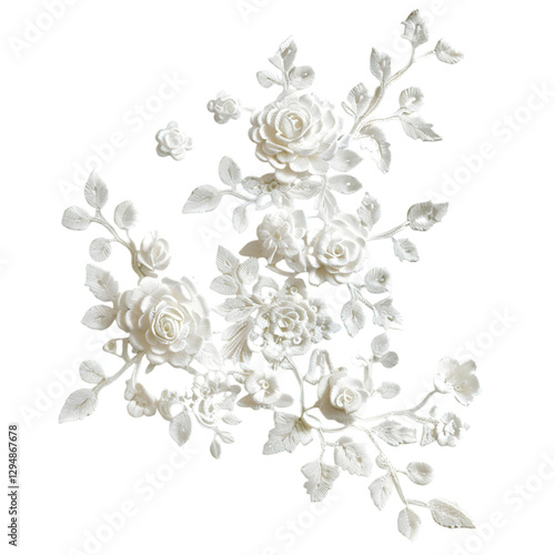 Intricate white lace pattern featuring detailed floral elements crafted with precision and elegance