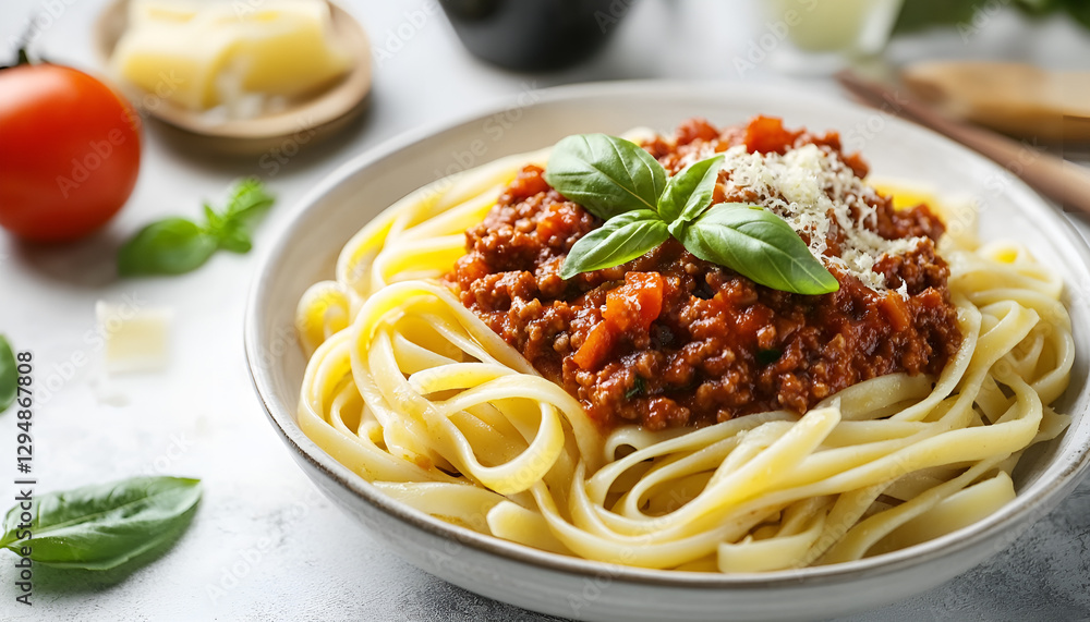 Tasty pasta bolognese with basil on white table, closeup Tasty pasta bolognese with basil on white table, closeup