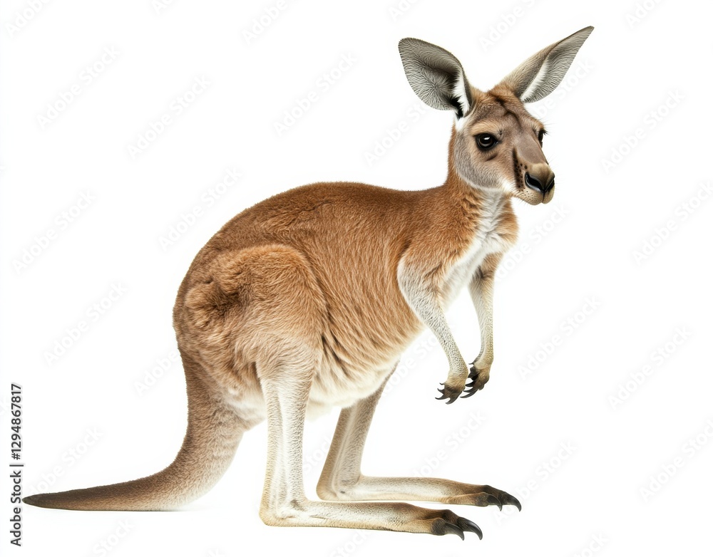 Kangaroo stands on two legs in a neutral background showcasing its distinctive features and posture Kangaroo stands on two legs in a neutral background showcasing its distinctive features and posture