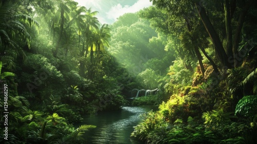 Lush Green Rainforest Landscape With River And Waterfall