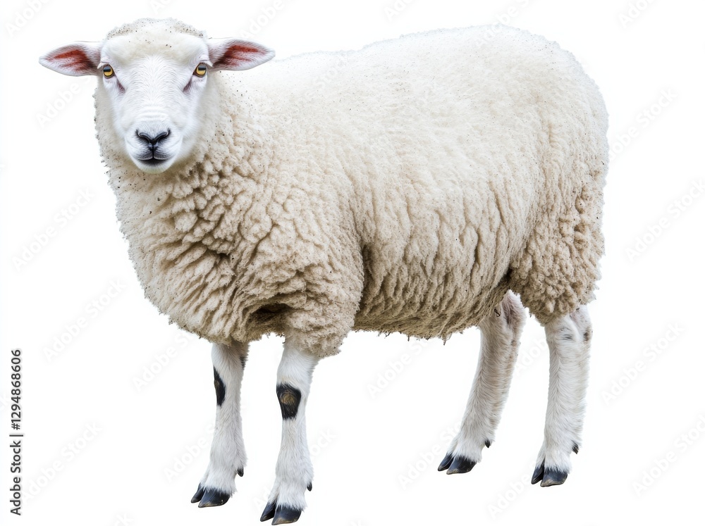 White sheep standing calmly on a plain background, showcasing its fluffy wool and gentle demeanor White sheep standing calmly on a plain background, showcasing its fluffy wool and gentle demeanor