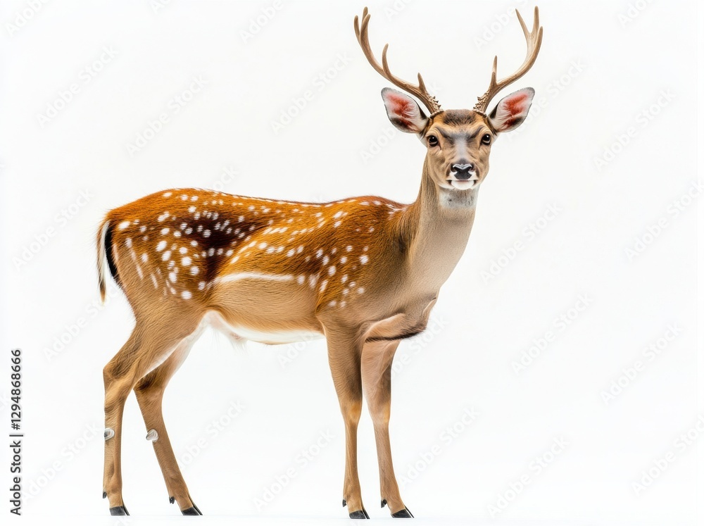Spotted deer stands gracefully in a bright studio setting showcasing its distinctive coloration and antlers Spotted deer stands gracefully in a bright studio setting showcasing its distinctive coloration and antlers