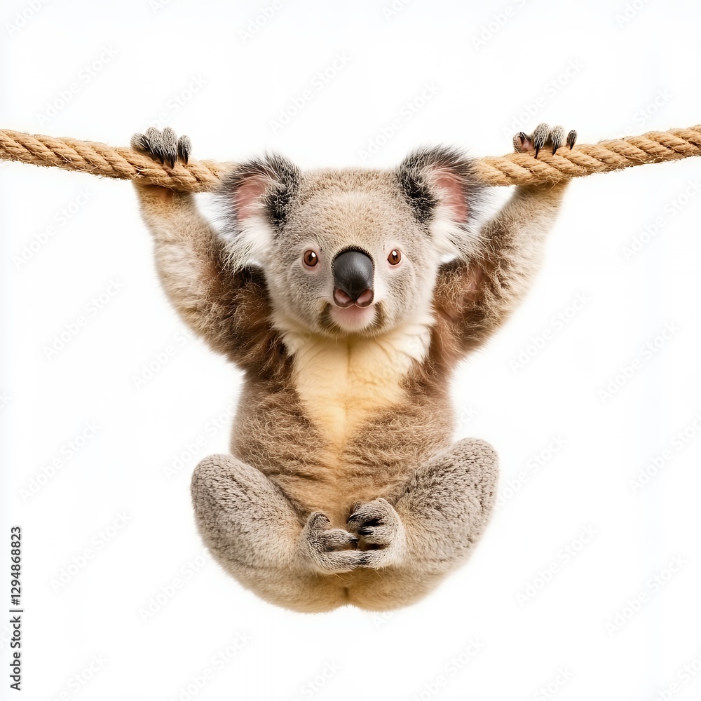 Naklejka premium Adorable Koala Joey Hanging from Rope, Cute Australian Wildlife Portrait