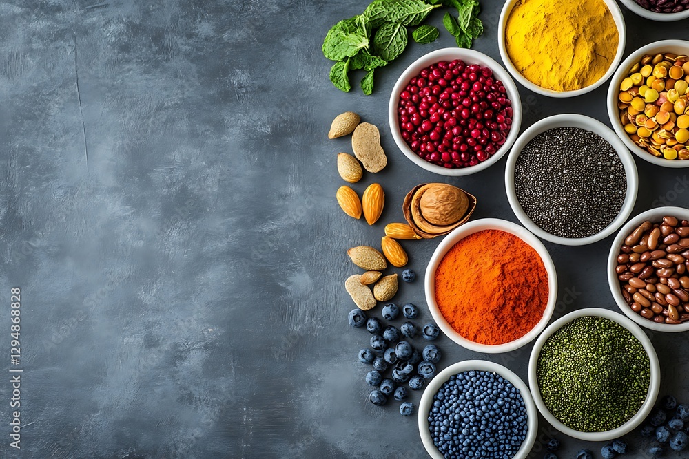 Vibrant Superfoods & Spices in White Bowls on Dark Background Vibrant Superfoods & Spices in White Bowls on Dark Background