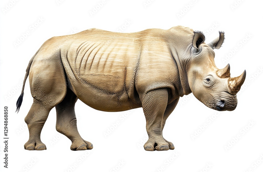 Fototapeta premium Detailed depiction of a rhinoceros standing in profile against a plain background in soft lighting