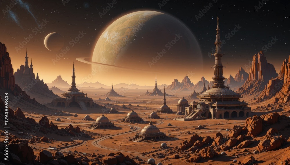 Obraz premium Retro sci-fi space colonies on distant planets