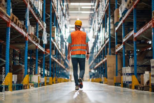Fotografía Warehouse worker walking through large distribution center with shelves full of