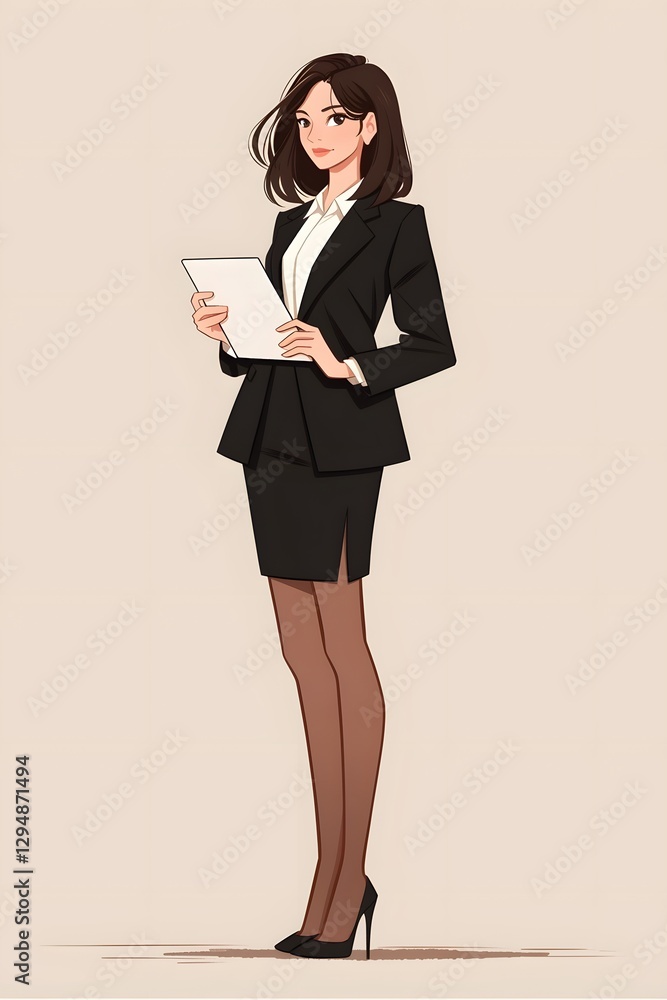 Elegant Professional Businesswoman Holding Tablet on Neutral Backdrop