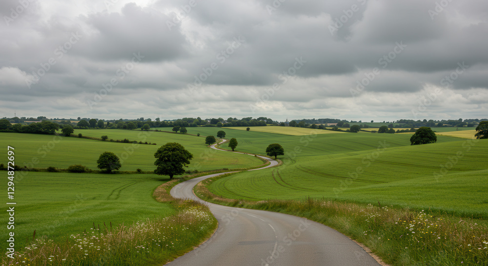 Naklejka premium Curvy Rural Road Through Green Fields and Hills Under Cloudy Sky
