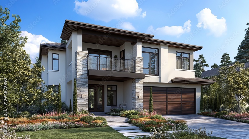 Fototapeta premium Two-Story Modern House with Balcony and Gated Driveway 