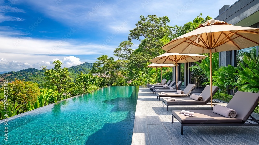 Fototapeta premium Modern Villa with Pool, Sunbeds, and Stylish Outdoor Area