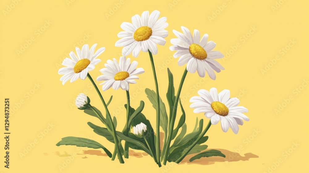 Bright daisy flowers on vibrant yellow background showcasing natural beauty and simplicity Bright daisy flowers on vibrant yellow background showcasing natural beauty and simplicity