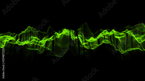 Green smooth halftone wave background. The futuristic abstract pattern or network connection backdrop. Big data visualization. 3D rendering.